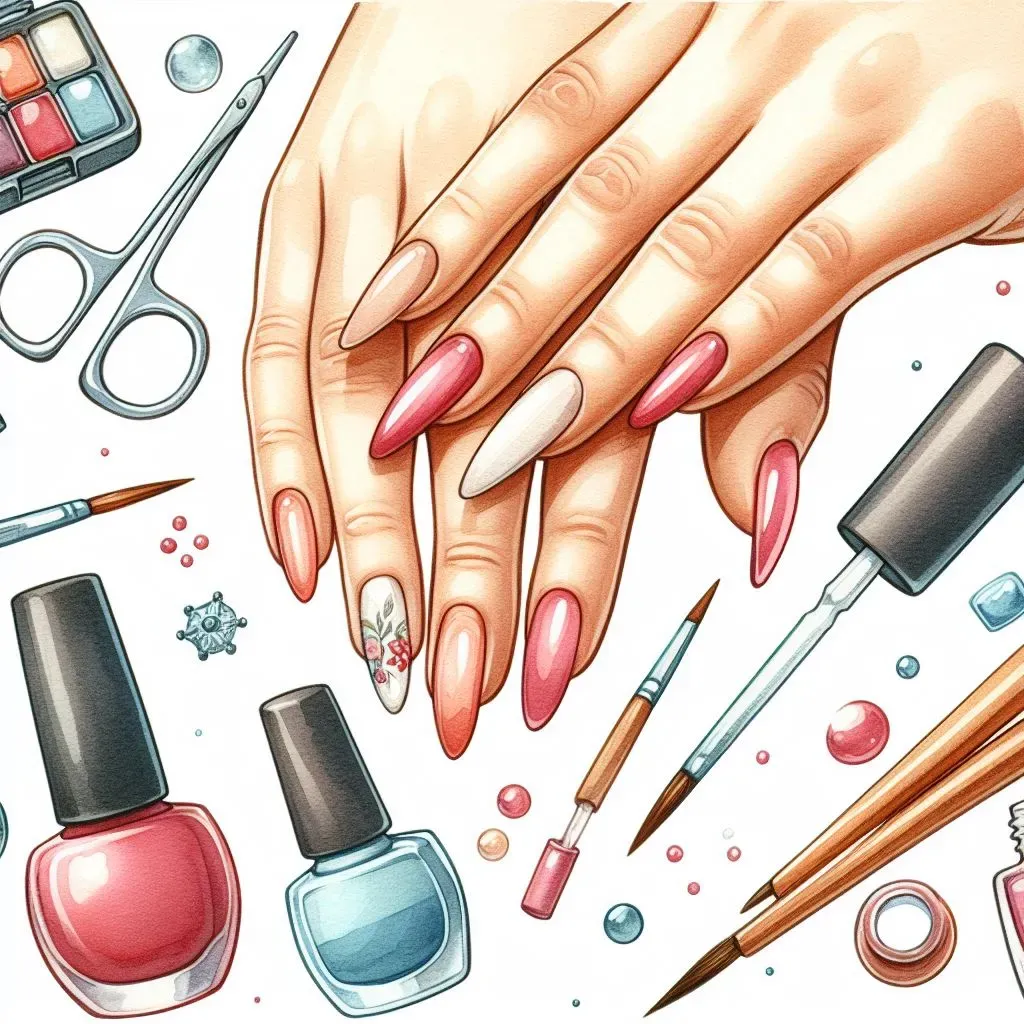 An illustration of manicured hands with nail art and accessories.