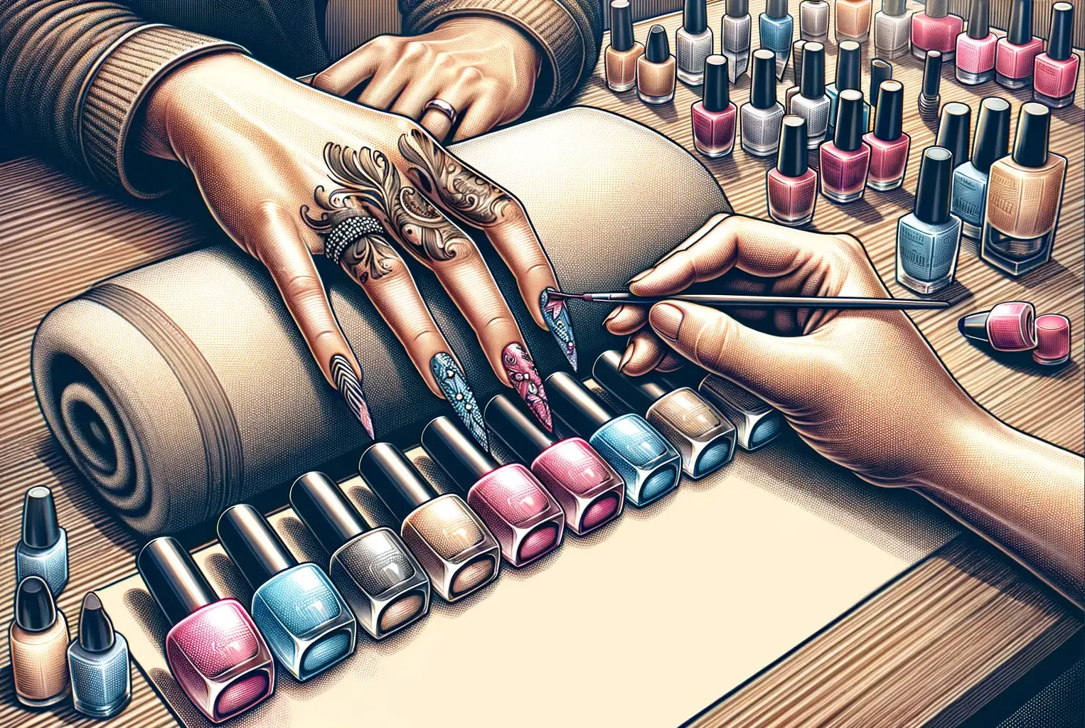 Applying nail art beside colorful polish bottles.