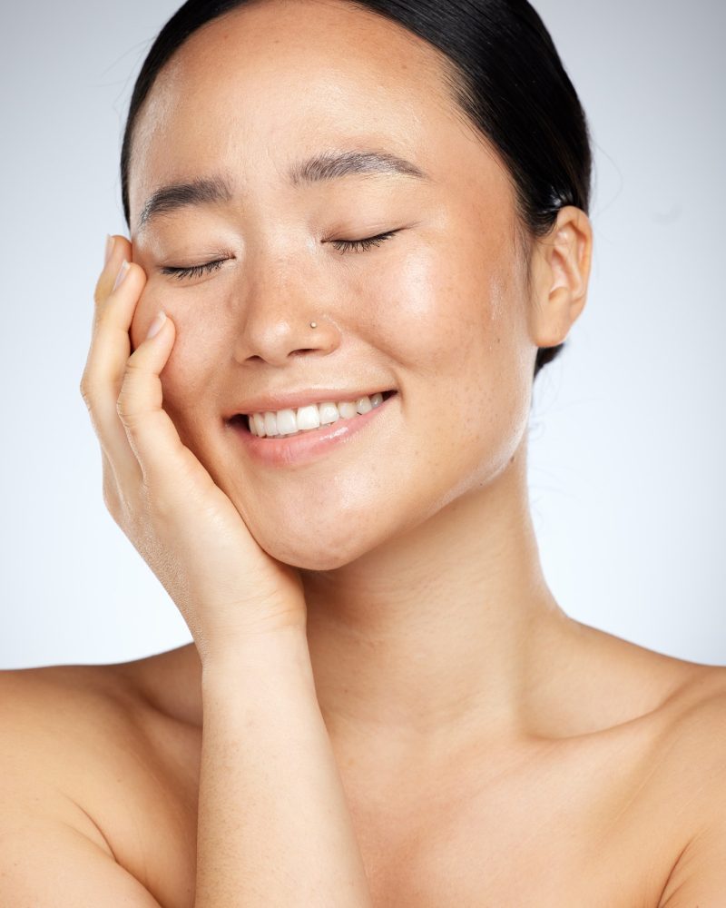 Beauty, asian and smile with skincare and woman for facial, wellness and natural makeup. Luxury, pr