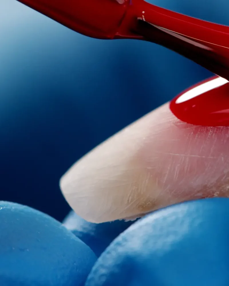 manicurist paints nails with red gel polish application of nail polish on nails